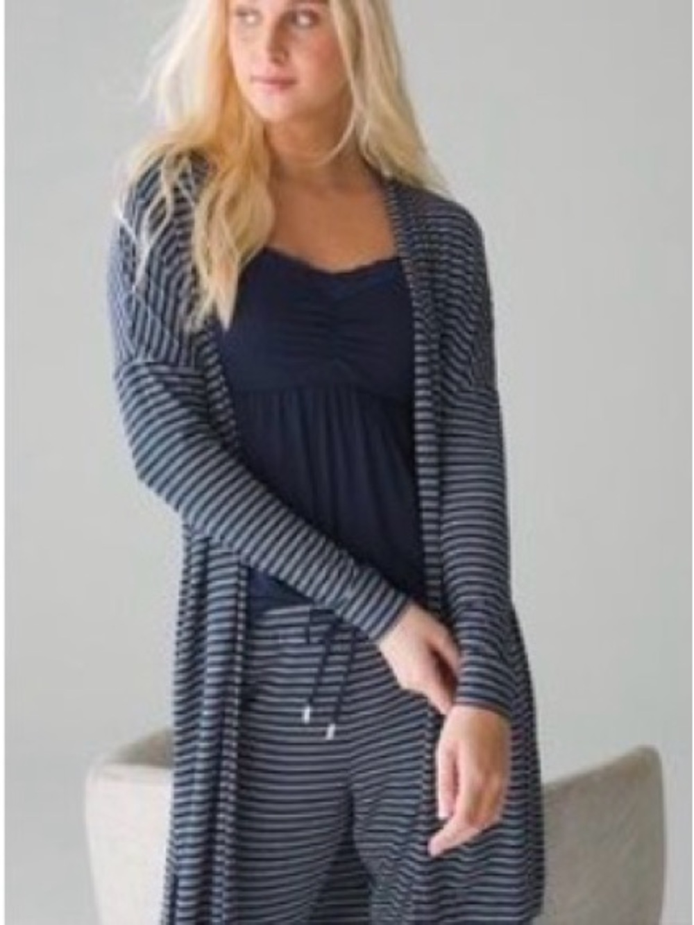 Soma Wrap Navy and White Striped Open-Front Robe Cardigan XS